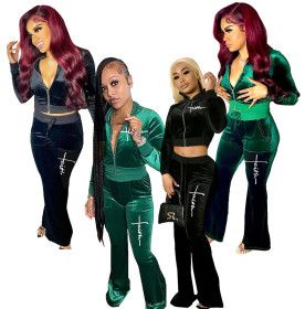 Women's Fashion Korean Velvet Fashion Letter Embroidered Sports Casual Flared Pants Set