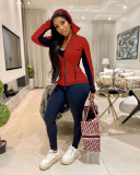 Hooded color contrast stitching pocket zipper leisure sports suit