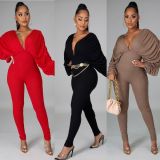 New high elastic solid color bat sleeve jumpsuit