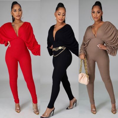 New high elastic solid color bat sleeve jumpsuit