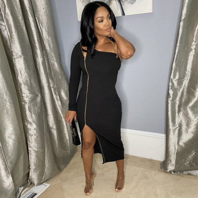 Sexy Zip One Shoulder Slit Dress
