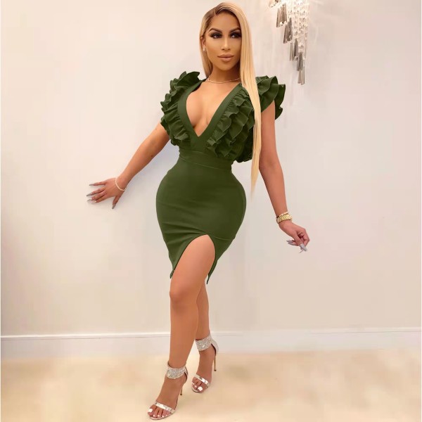 New women's solid color stitching V-neck wooden ear dress