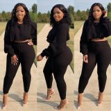 Women's waffle solid color casual loose stretch suit two-piece suit