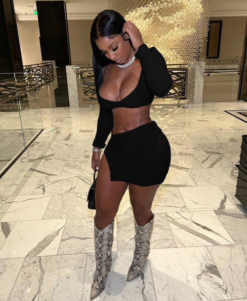 Women's long-sleeved slim knit vest temperament commuter sexy split skirt three-piece suit