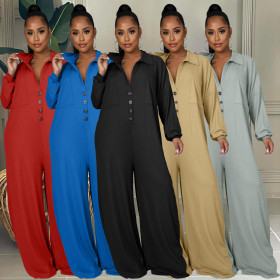 New women's fashion stitching casual loose wide-leg jumpsuit