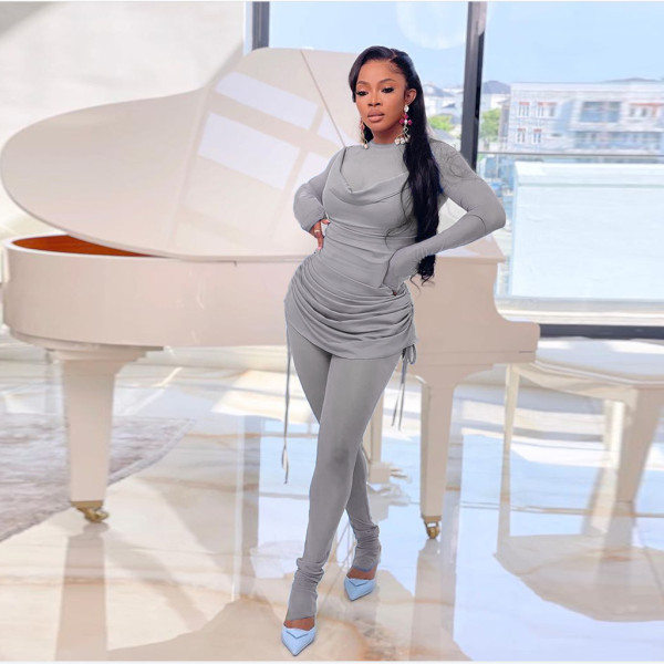 Pure color sling drawstring mesh gauze two-piece fashion women's suit