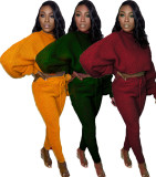 Women's waffle solid color casual loose stretch suit two-piece suit