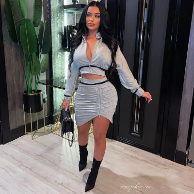 Pure color zipper casual skirt suit