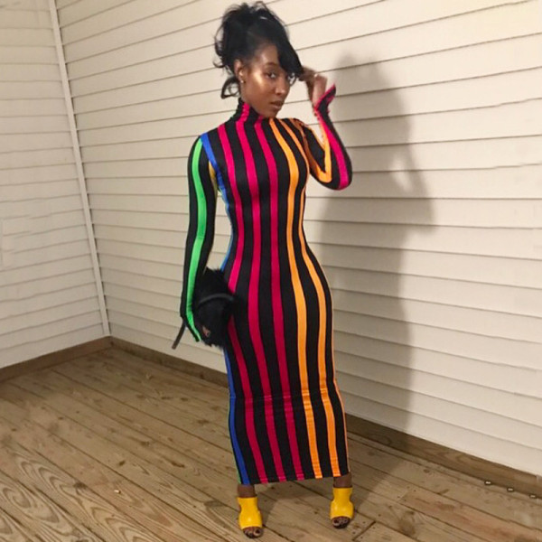 Striped high-neck tight-fitting long dress women's new hot-selling spring dress
