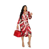 Ladies Fashion Tie Dye Printed Long Sleeve Cardigan Dress with Belt