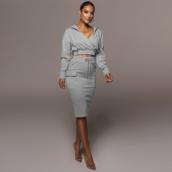 Fashion women's winter plush fleece sweater V-neck hoodie casual split skirt two-piece suit