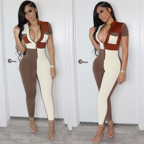 Fashion sexy skinny contrast stitching jumpsuit
