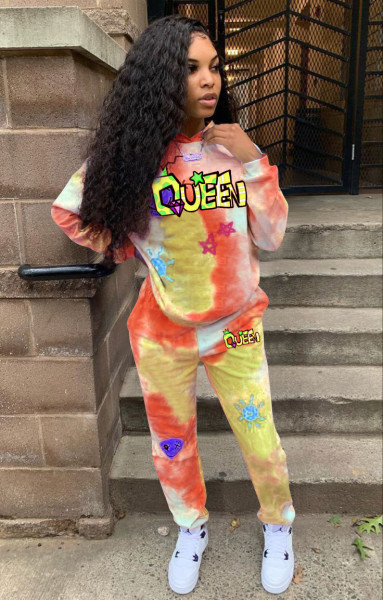 Ladies Fashion Color Tie Dye Letter Print Hooded Sports Casual Suit