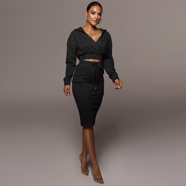 Fashion women's winter plush fleece sweater V-neck hoodie casual split skirt two-piece suit