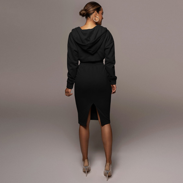 Fashion women's winter plush fleece sweater V-neck hoodie casual split skirt two-piece suit