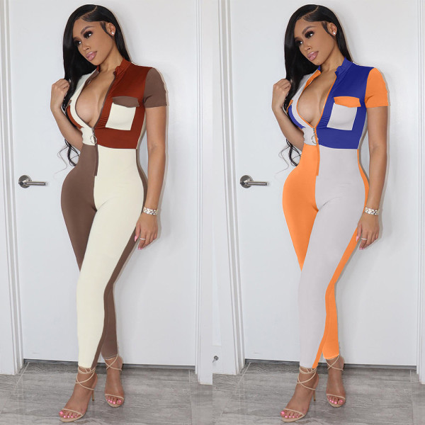 Fashion sexy skinny contrast stitching jumpsuit