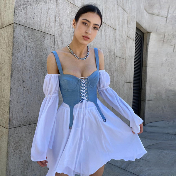 Sexy slim waistband strapping solid color vest hedging sweet denim suspenders