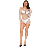 Sexy lingerie sexy long-sleeved hip skirt with hollow mesh