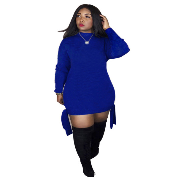 Pure color tie long sleeve dress plus size women's sexy European and American women's clothing