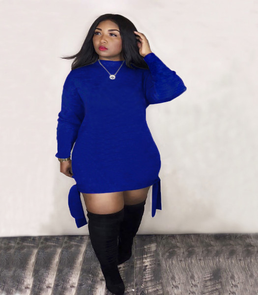 Pure color tie long sleeve dress plus size women's sexy European and American women's clothing