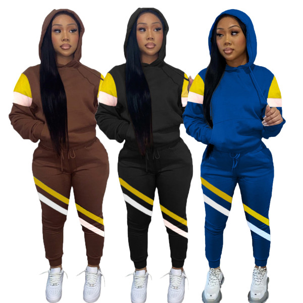 Two-piece multicolor stitching hooded sports sweater pull frame suit