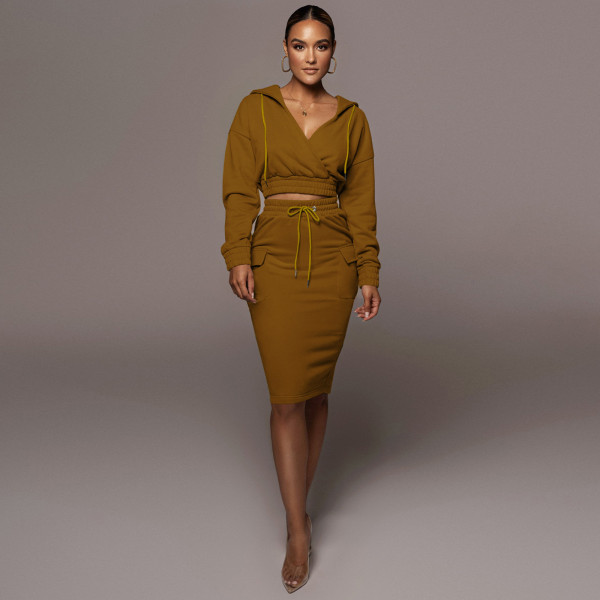 Fashion women's winter plush fleece sweater V-neck hoodie casual split skirt two-piece suit