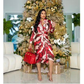 Ladies Fashion Tie Dye Printed Long Sleeve Cardigan Dress with Belt