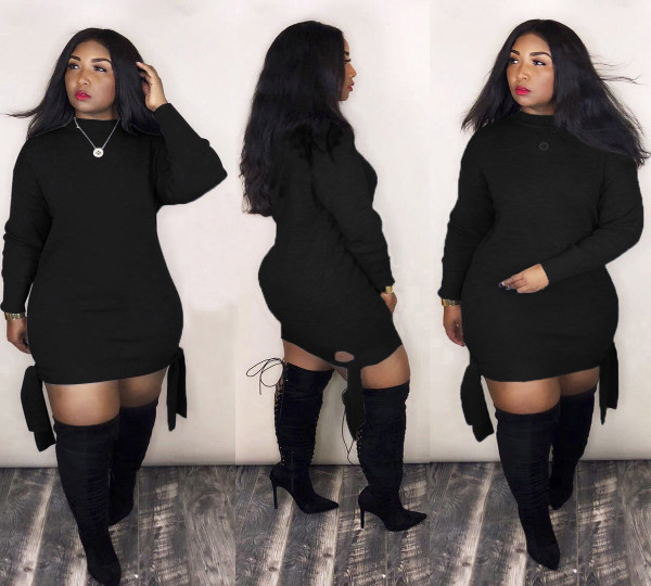Pure color tie long sleeve dress plus size women's sexy European and American women's clothing