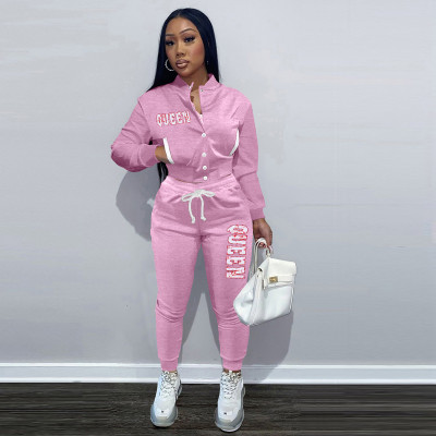 Women's fashion jacket single-breasted plus fleece sweater letter printing baseball uniform sports suit