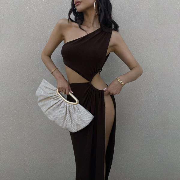 Sexy slit slanting shoulder long skirt female personality hollow spring and autumn new dress