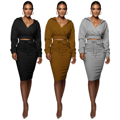 Fashion women's winter plush fleece sweater V-neck hoodie casual split skirt two-piece suit