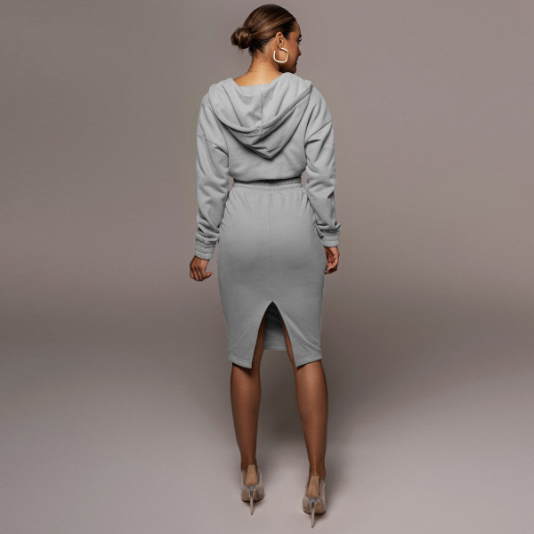 Fashion women's winter plush fleece sweater V-neck hoodie casual split skirt two-piece suit