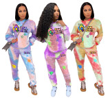 Ladies Fashion Color Tie Dye Letter Print Hooded Sports Casual Suit