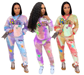 Ladies Fashion Color Tie Dye Letter Print Hooded Sports Casual Suit