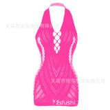 Sexy halter neck jacquard sexy lingerie temptation strapless hollowed out hip skirt ladies exposed breast mesh back