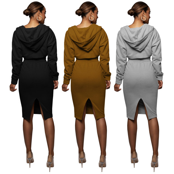 Fashion women's winter plush fleece sweater V-neck hoodie casual split skirt two-piece suit