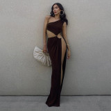 Sexy slit slanting shoulder long skirt female personality hollow spring and autumn new dress