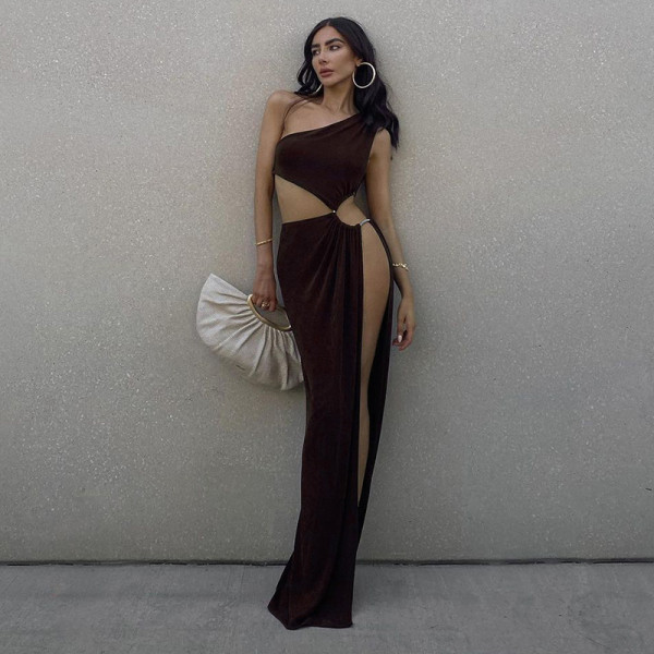 Sexy slit slanting shoulder long skirt female personality hollow spring and autumn new dress