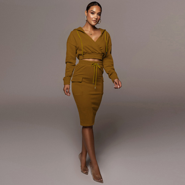 Fashion women's winter plush fleece sweater V-neck hoodie casual split skirt two-piece suit