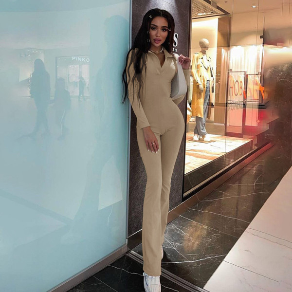 The new slim slim long-sleeved solid color jumpsuit temperament commuter casual fashion jumpsuit