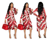 Ladies Fashion Tie Dye Printed Long Sleeve Cardigan Dress with Belt