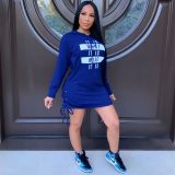 Explosive fashion letter offset printed hooded sweater dress with adjustable hips