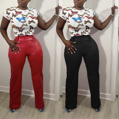 New product Solid color loose wide-leg leather pants, back waist zipper