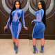 Sexy women's gold velvet stretch mesh stitching long-sleeved dress