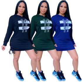 Explosive fashion letter offset printed hooded sweater dress with adjustable hips