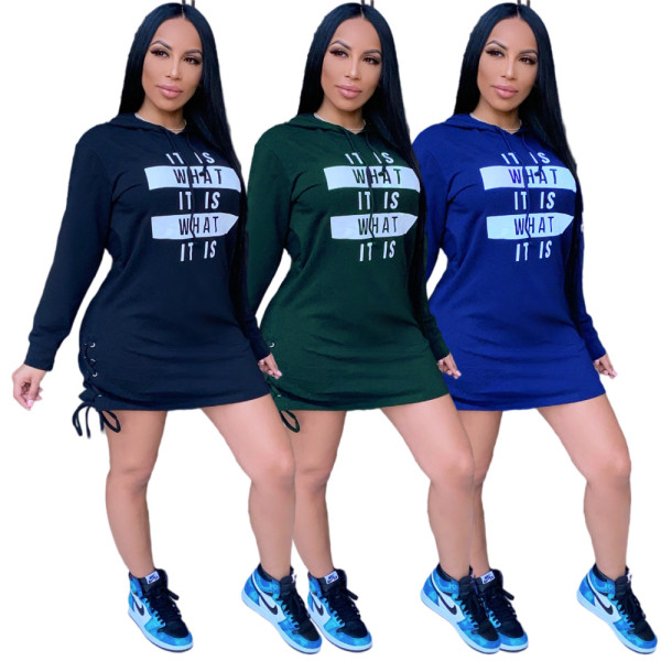 Explosive fashion letter offset printed hooded sweater dress with adjustable hips