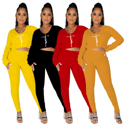 Women's clothing autumn and winter letter printing sexy two-piece leisure navel