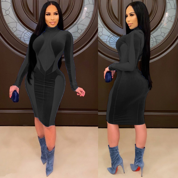 Sexy women's gold velvet stretch mesh stitching long-sleeved dress
