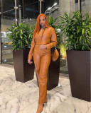Women's Fashion Casual Pure Color PU Slim Two-piece Suit