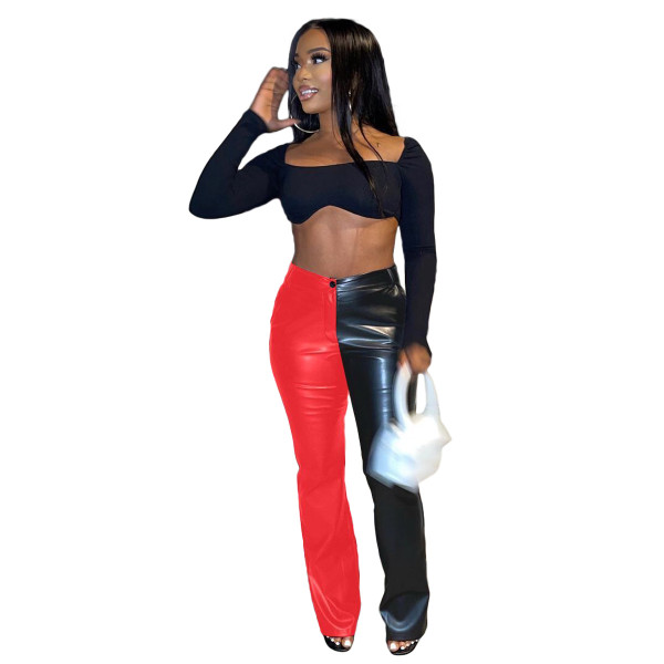 Women's fashion color matching PU leather flared pants